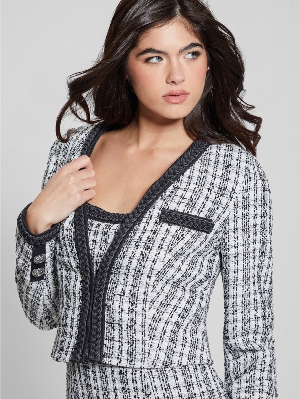 Guess Black and White Tweed Jacket with Braided Trim